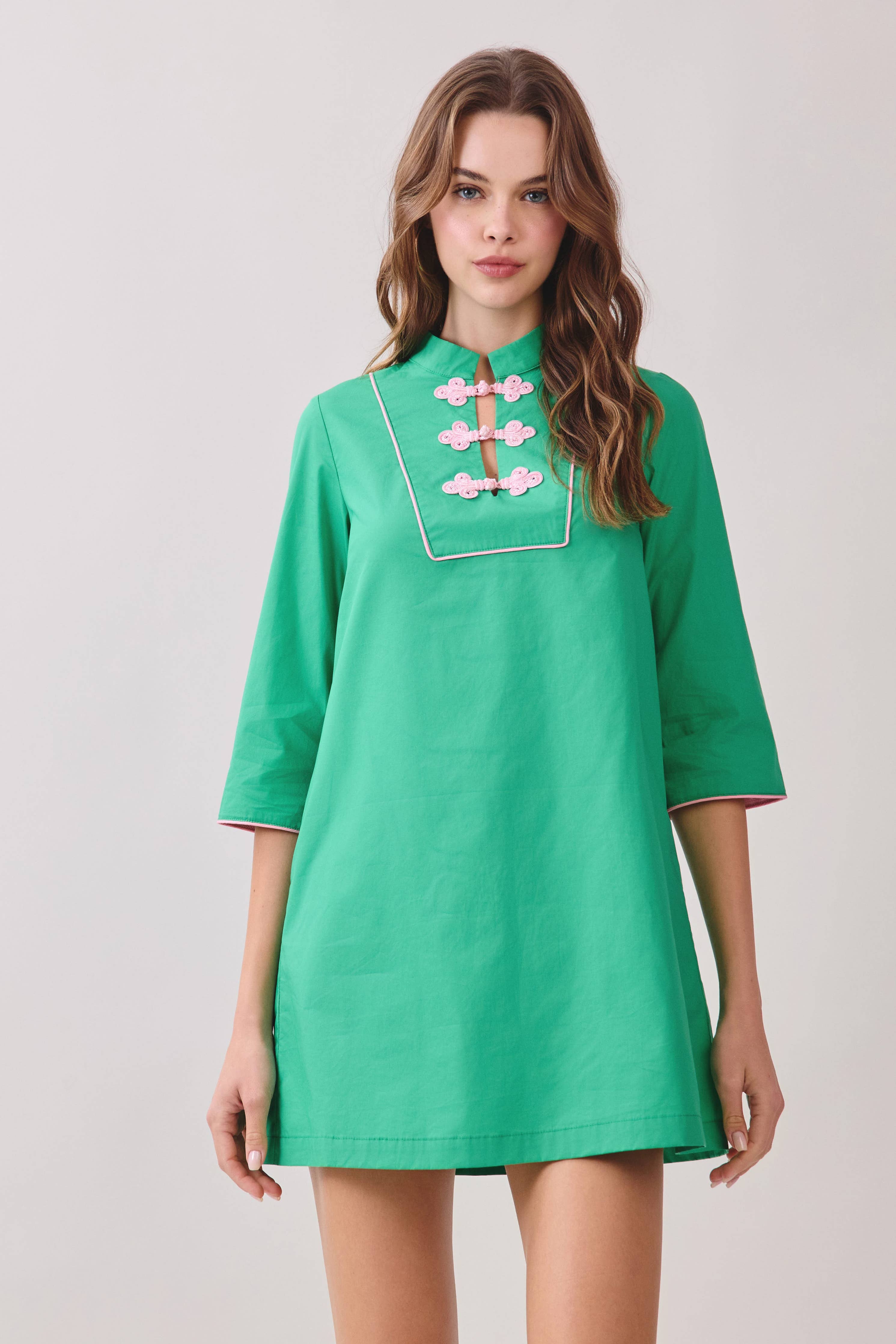 Mandarin Collar Green Shift Dress