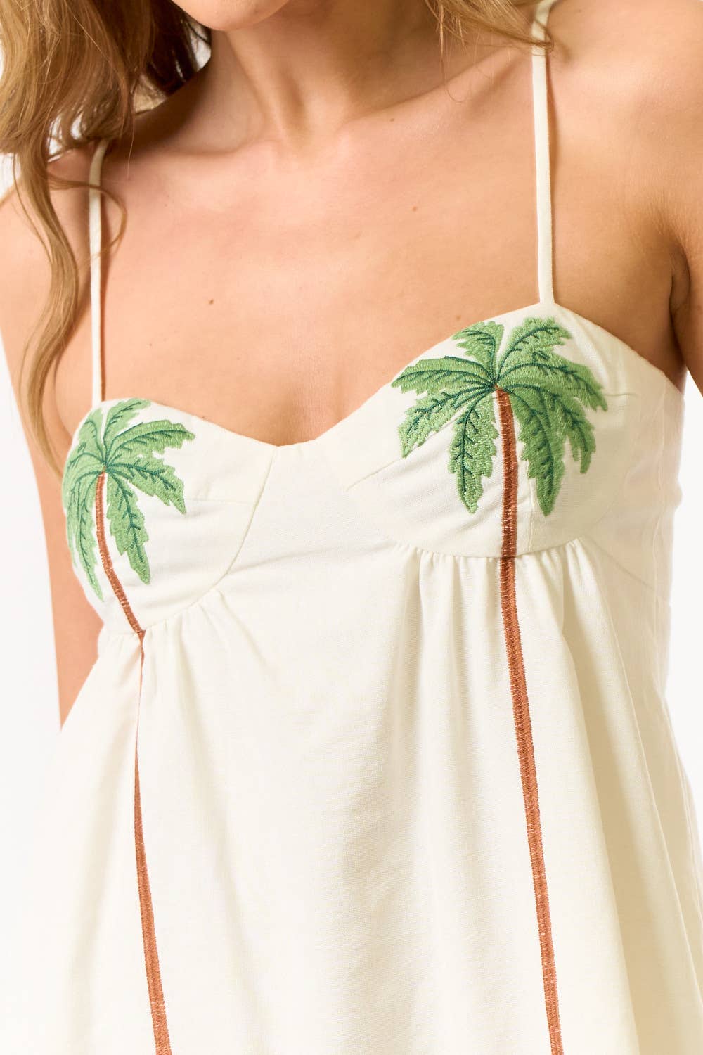 Palm Tree Embroidered Babydoll Dress