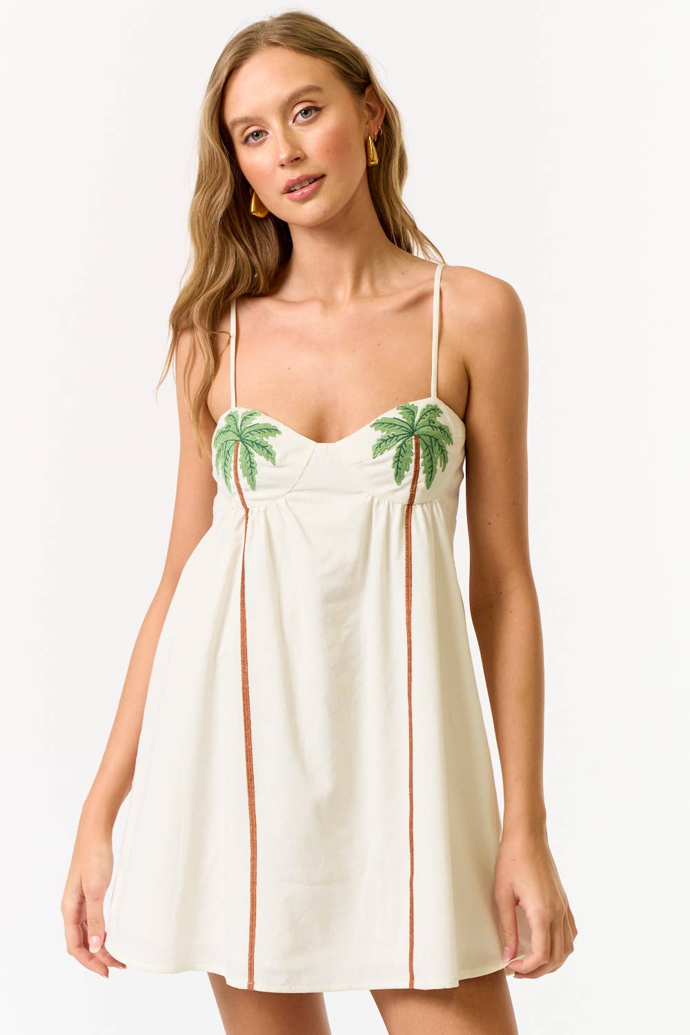 Palm Tree Embroidered Babydoll Dress